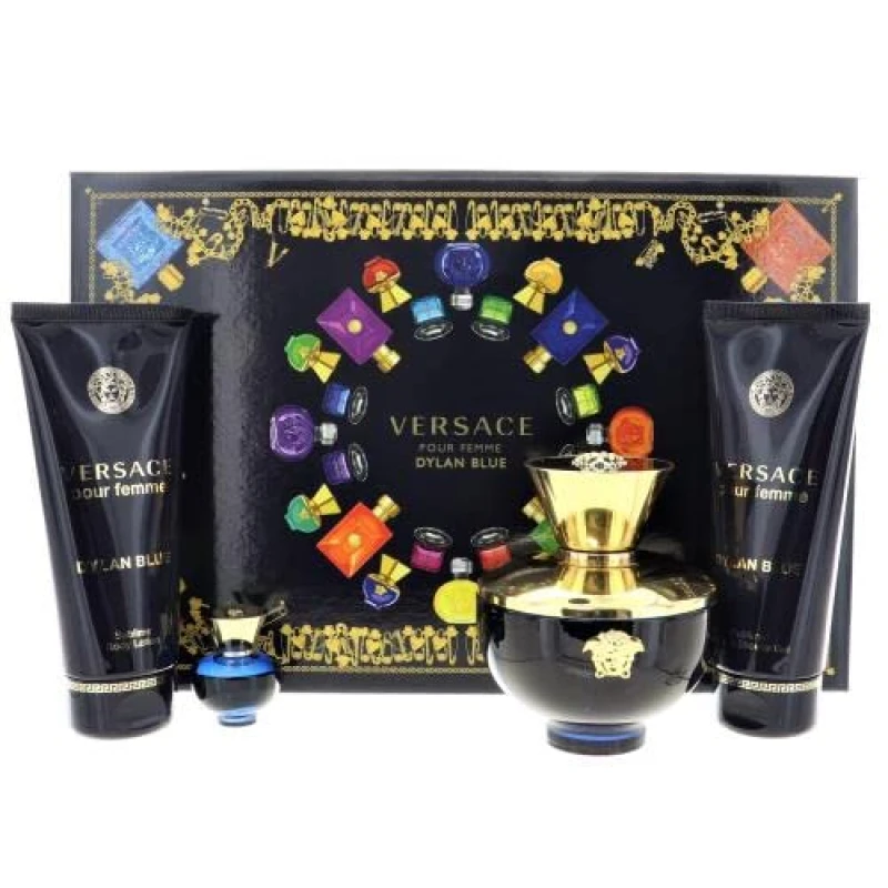 Image of Versace Pour Femme Dylan Blue 4 Piece Gift Set: Eau de Parfum 100ml - Shower Gel 100ml - Body Lotion 100ml - Eau de Parfum 5ml