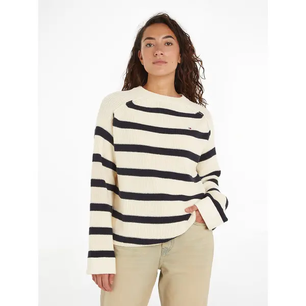 Image of Striped Chunky Knit Jumper in Cotton with Crew Neck