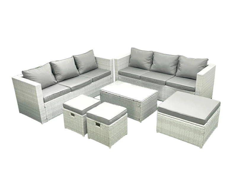 Image of Fimous Garden Outdoor PE Rattan Furniture Set 9 Seater Rattan Garden Sofa Set with 3 Footstools Light Grey Mixed Light Grey