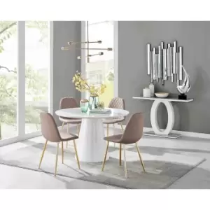 Image of Furniture Box Palma White High Gloss Round Dining Table and 4 Cappuccino Corona Gold Leg Chairs