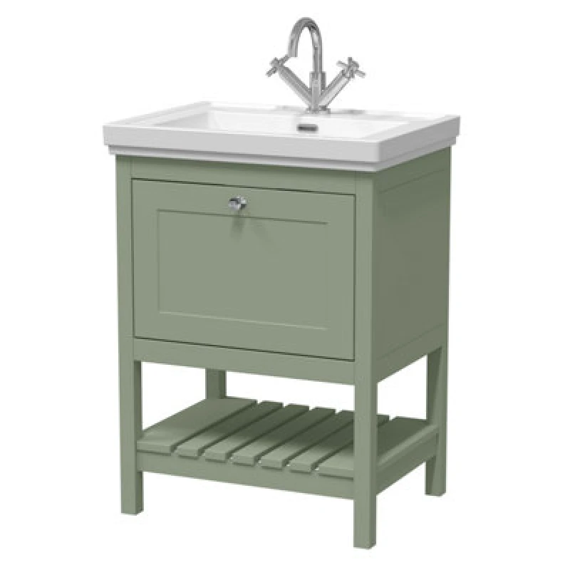 Image of Nuie Old London Bexley Floor Standing 1 Drawer Vanity & 1 Tap Hole Fireclay Basin, Stylish Vanity Unit With Basin, Fern Green, 600mm