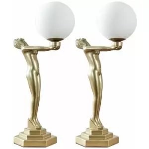 Image of Minisun - Pair of Woman Holding Globe Table Lamps Gold Painted Art Deco - No Bulbs