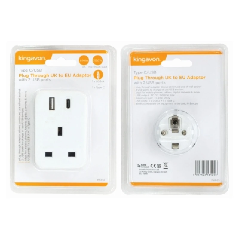 Image of Kingavon Type C/Usb Plug Through UK To Eu Adaptor