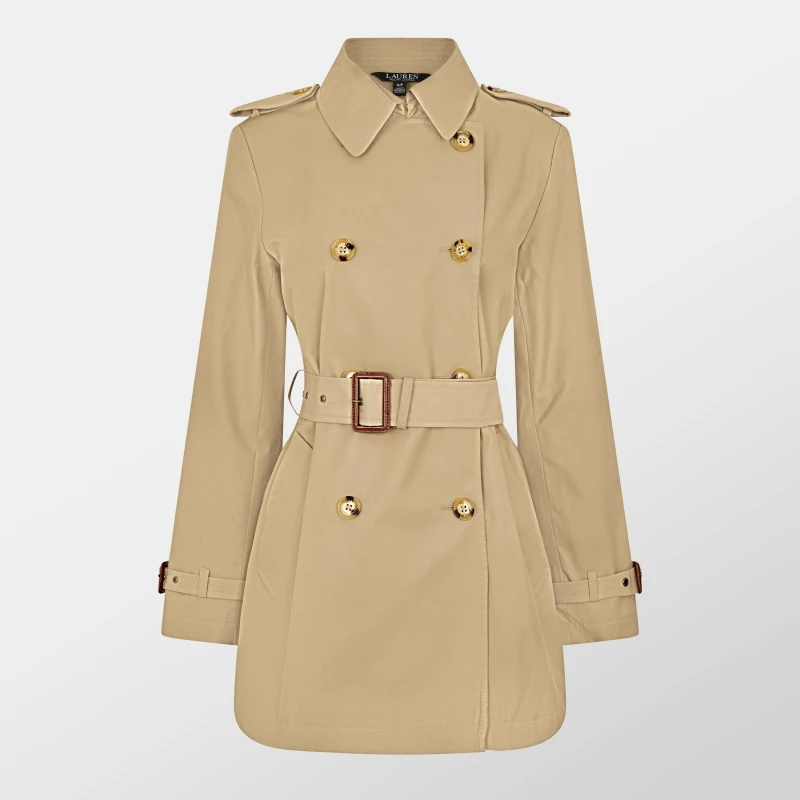 Image of Lauren by Ralph Lauren Womens Double-Breasted Belted Cotton Long Sleeve Trench Coat Birch Tan female 14 (L)