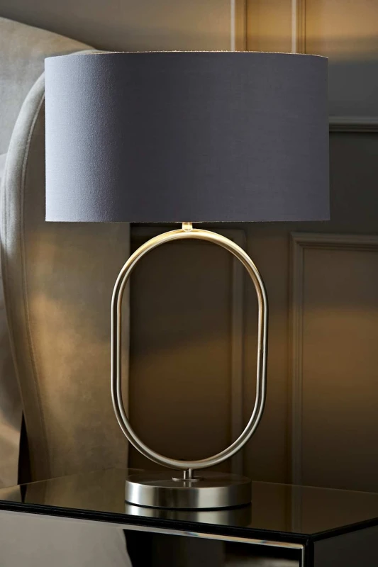 Image of ValueLights ValueLights Antonia Fabric with Chrome Drum Shade Brushed Chrome Oval Table Lamp in Grey Grey One Size Unisex 5059406064791
