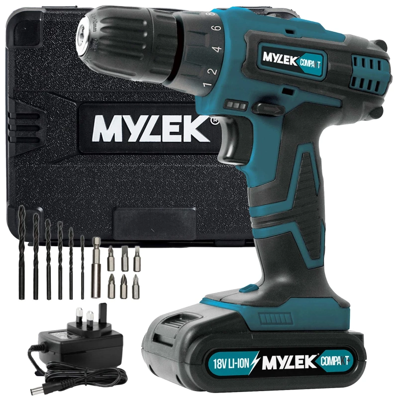 Image of MYLEK 18V Cordless Li-Ion Drill With Accessory Kit & Carry Case in Blue Blue Unisex