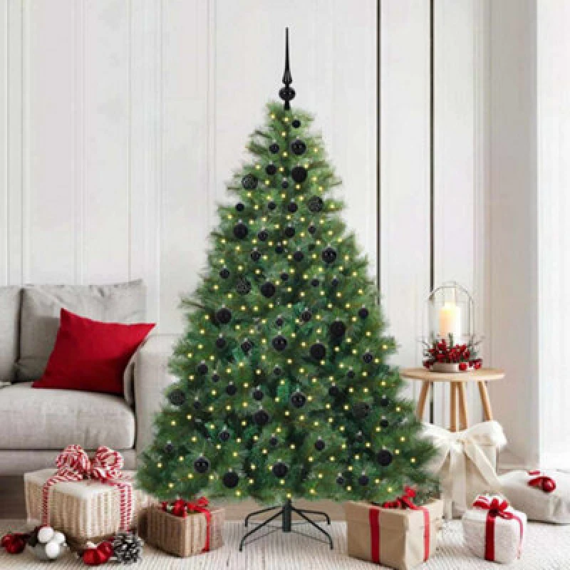 Image of vidaXL Artificial Christmas Tree with 300 LEDs and Black Balls Green 180cm PE and PVC, Green 3397784