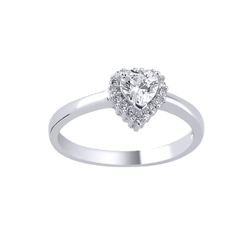 Image of Jewelco London Silver Love Heart CZ Dainty Halo Solitaire Engagement Ring - ARN135 Silver