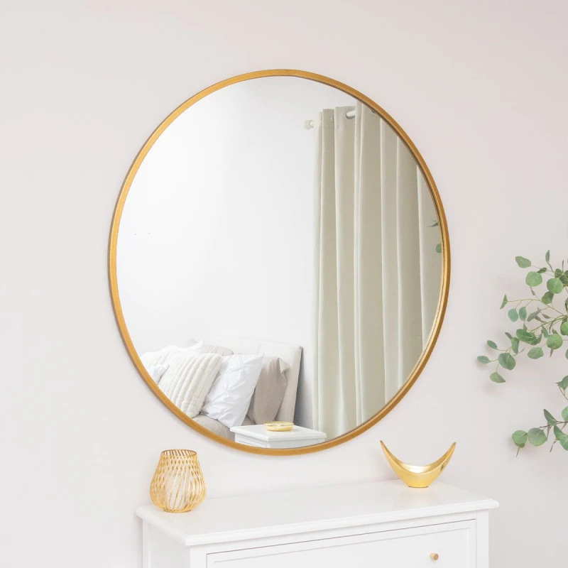 Image of Melody Maison Extra Large Round Gold Wall Mirror 120cm X 120cm (1.2 M X 1.2 M) Metallic Gold