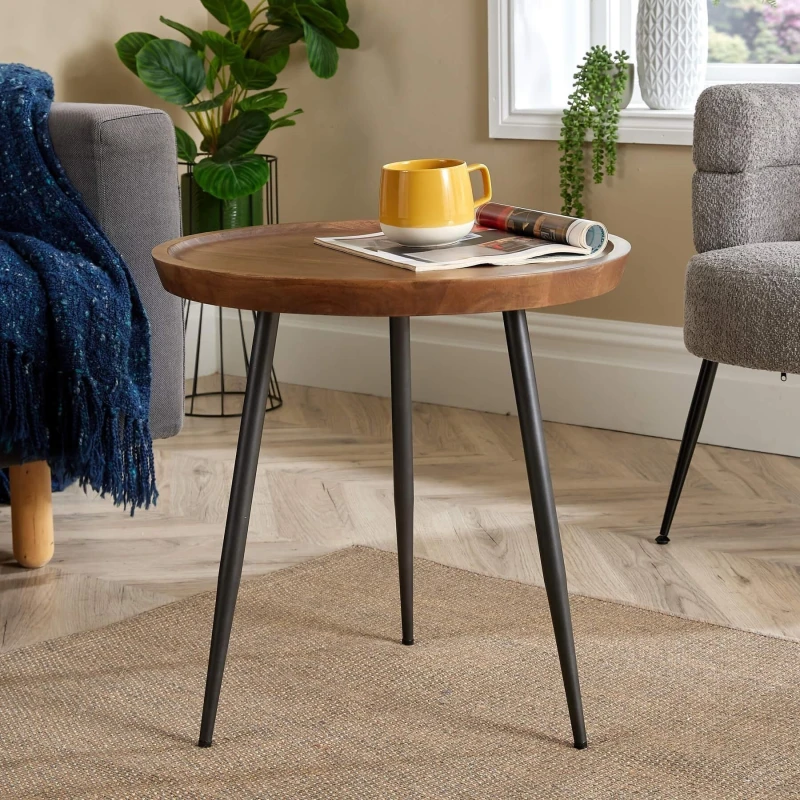 Image of HOME SOURCE Home Source - Solid Mango Wood Small Coffee Table with Iron Frame Living Room Furniture Unit COFMANSML