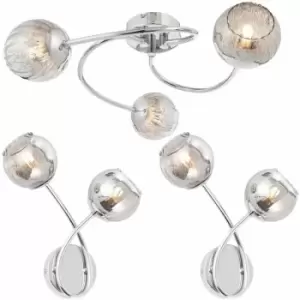 Image of 3 Arm Ceiling & 2x Wall Light Pack Chrome Smoked Glass Matching Indoor Fittings