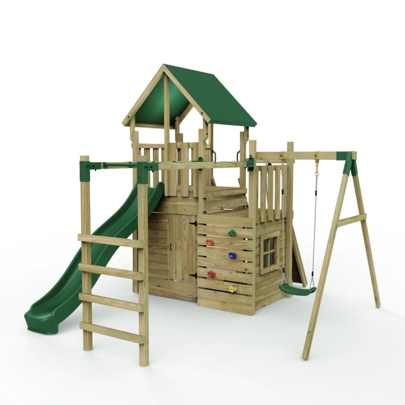 Image of Rebo Wooden Climbing Frame Play Tower and Slide - M10 Single Swing Brown