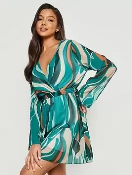 Image of Boohoo Abstract Chiffon Belted Dress - Green, Size 16, Women
