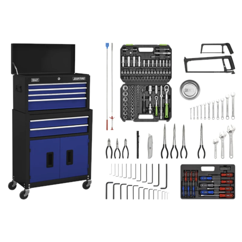 Image of Sealey American Pro Topchest & Rollcab Combination 6 Drawer with Ball-Bearing Slides - Blue/Black & 170pc Tool Kit AP22BCOMBO