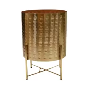 Image of Zendaya Embossed Metal Plant Pot With Stand Gold