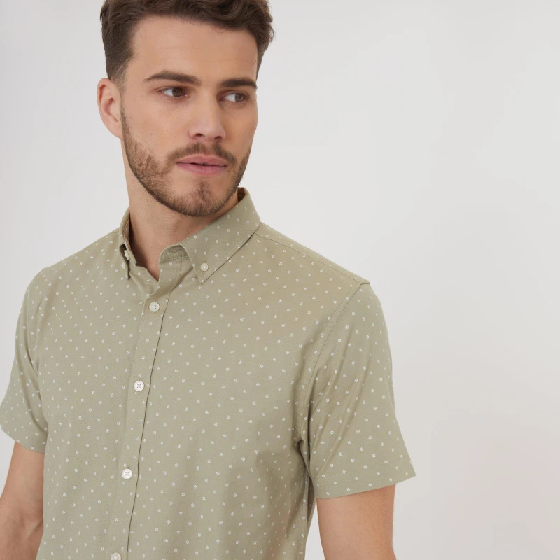 Image of Threadbare Cotton Diamond Print Short Sleeve Shirt Light Green male M