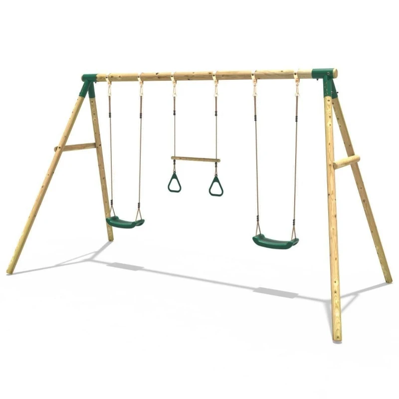 Image of Rebo Wooden Garden Swing Set with 2 Swings and Trapeze Bar - Comet Green Green