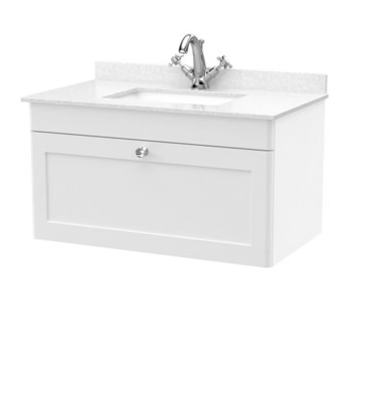 Image of nuie 800mm Wall Hung 1 Drawer Vanity & Marble Top 1TH - Satin White CLC196WS1