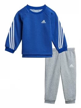Image of Boys, Adidas Infant Unisex 3 Stripe Crew & Jog Pant Set, Blue/Grey, Size 6-9 Months