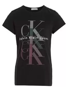 Image of Calvin Klein Jeans Girls Monogram Repeat Slim T-Shirt - CK Black, Size Age: 14 Years, Women