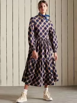 Image of Superdry Woven Check Midi Dress -navy, Navy, Size 10, Women