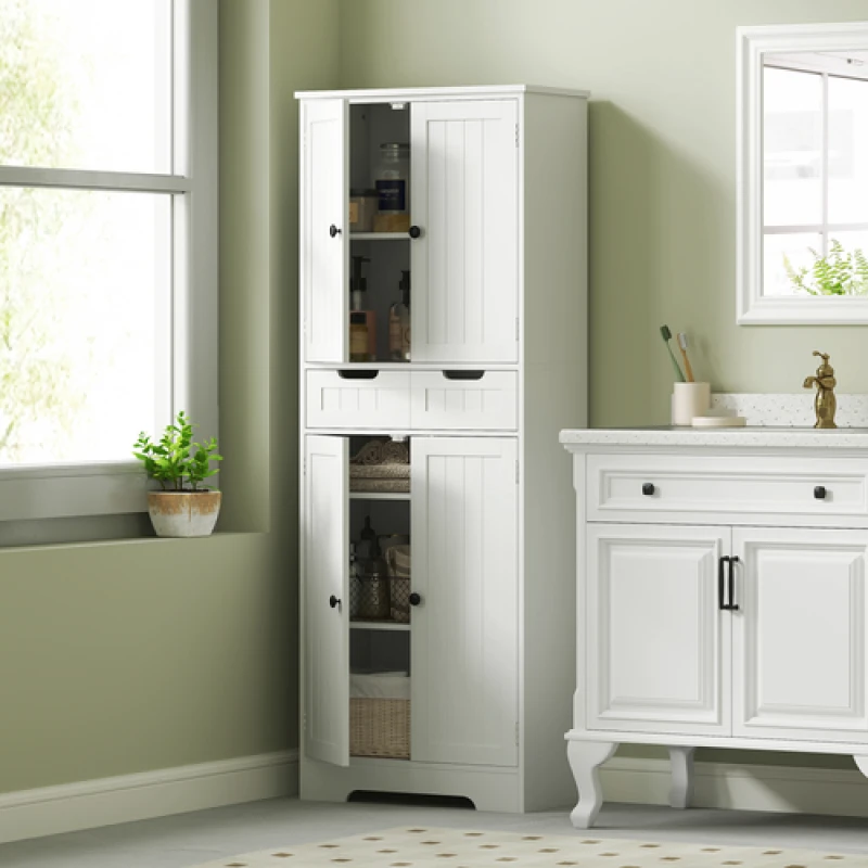 Image of HOMCOM Bathroom Tall Cabinet with Drawer, Adjustable Shelf and Doors, White 834-814V00WT