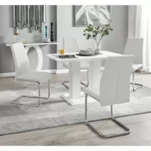 Image of Furniturebox UK - Furniturebox Imperia 4 High Gloss White Modern Dining Table And 4 White Lorenzo Chrome Faux Leather Faux Leather Dining Chairs