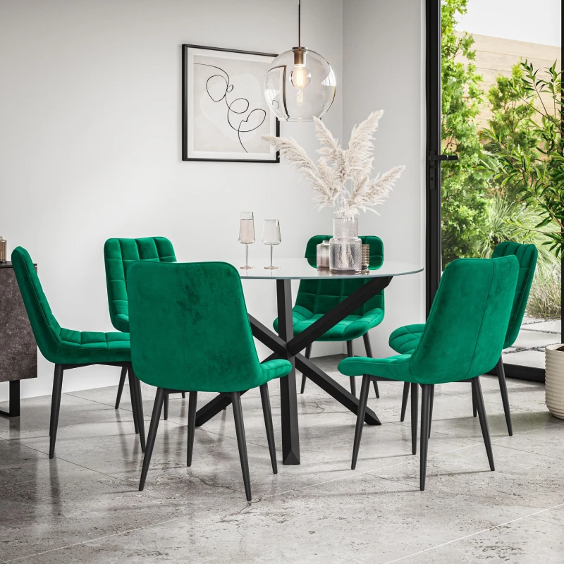 Image of More4Homes Malvern Round Dining Table And Chairs - Clear Glass Table Top W Solid Black Oak Legs + Nova Velvet Dining Chair Set Of 6 (Green)