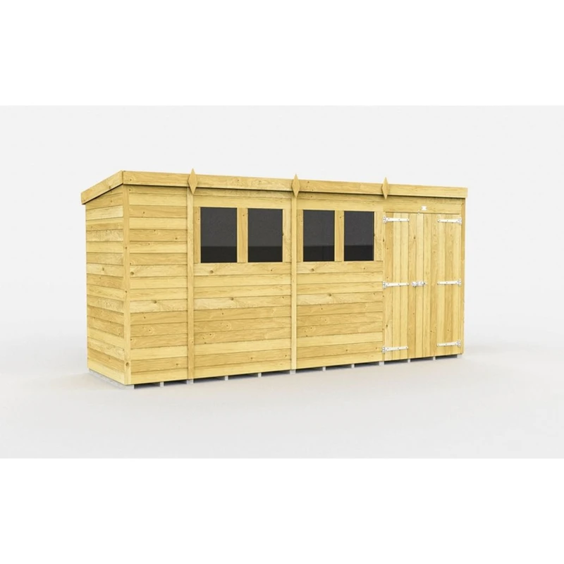 Image of Buttercup Farm 15 x 4 Feet Pent Shed - Double Door W/ Windows - L118 x W454 x H201cm in Brown Brown Unisex