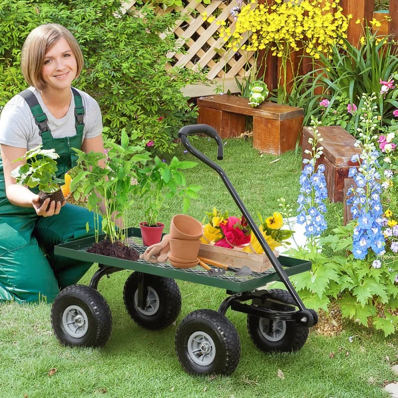 Image of Outsunny Garden Trolley Cart with Pneumatic Wheels and Rotating Handle, Green B71-015V01