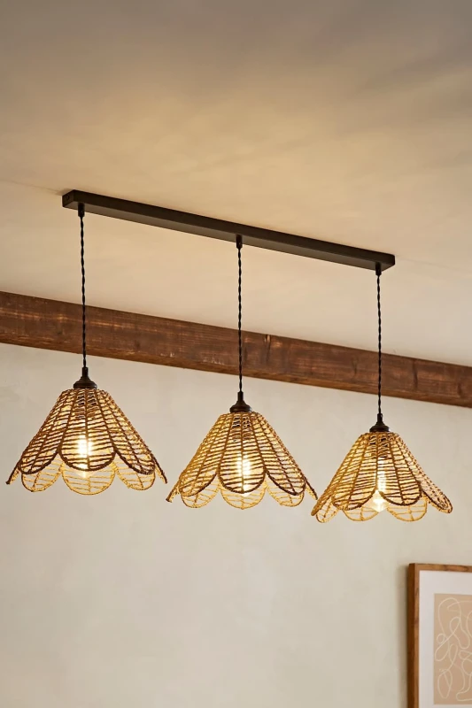Image of ValueLights ValueLights Vine Natural Rattan Flower 3 Drop Black Diner Ceiling Pendant Light Natural One Size Unisex 5059406062490