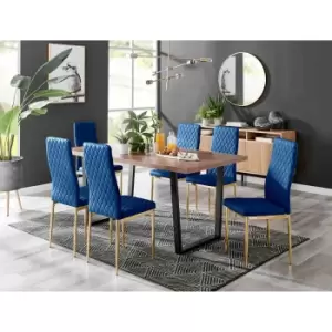 Image of Furniture Box Kylo Brown Wood Effect Dining Table and 6 Navy Velvet Milan Gold Leg Chairs