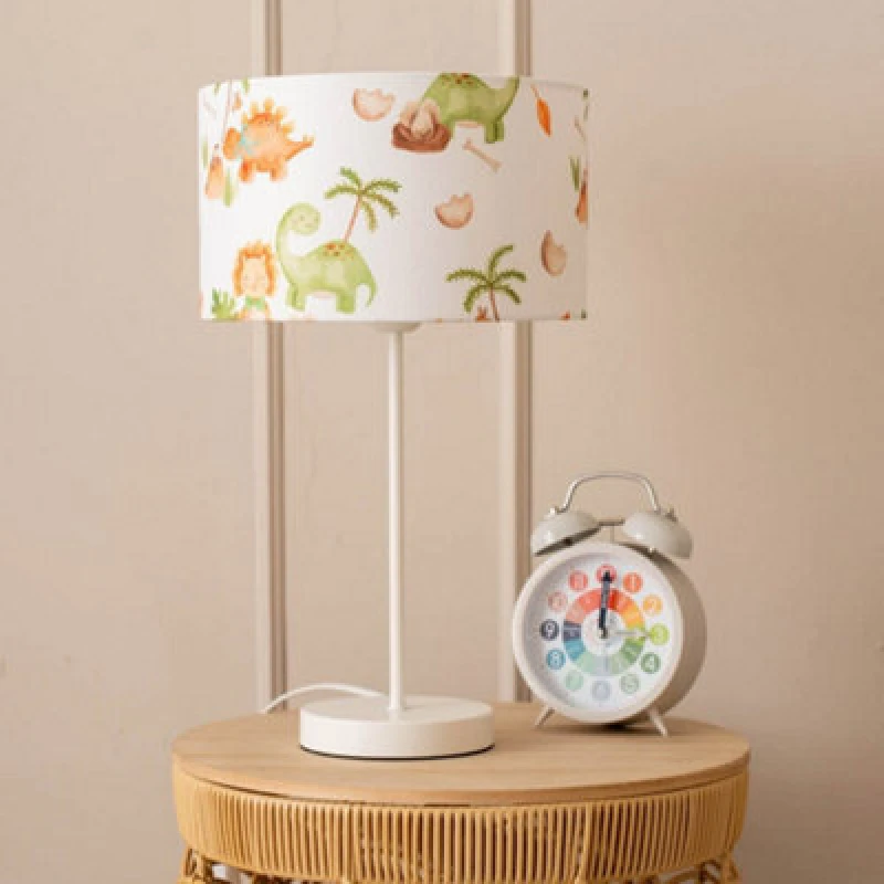 Image of ValueLights ValueLights Charlie White Metal Single Stem Table Lamp with Dinosaur Lamp Shade and LED Bulb Multi One Size Unisex 5059406049248