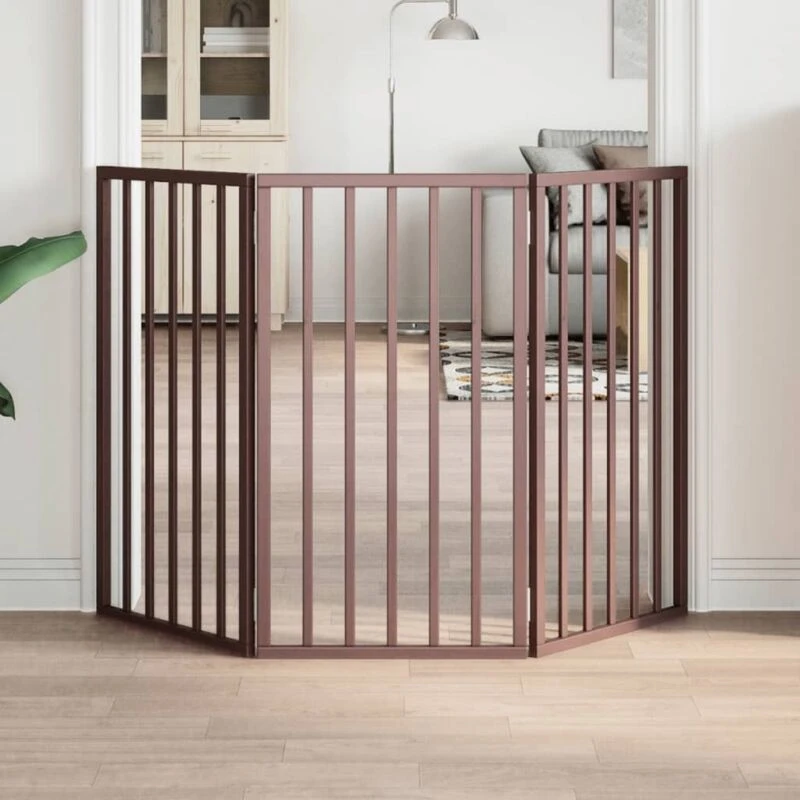 Image of vidaXL Dog Gate Foldable 3 Panels Brown 150cm Poplar Wood, Brown 352198