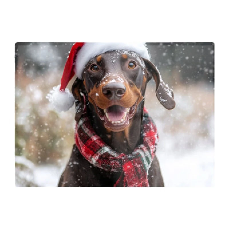 Image of Warren Reed Designer Snowy Christmas Brown Doberman Dog Glass Chopping Board
