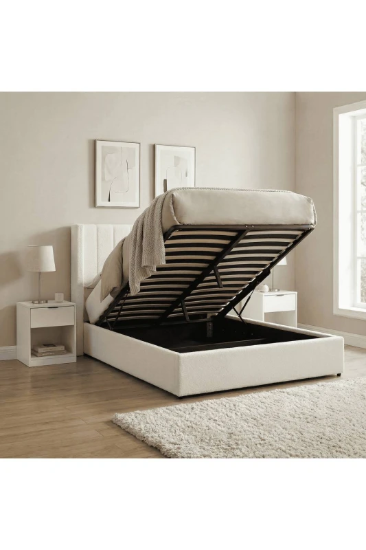 Image of Home Source Ottoman Storage Bed Upholstered Boucle Teddy Fur Single Double King in White White Unisex Double