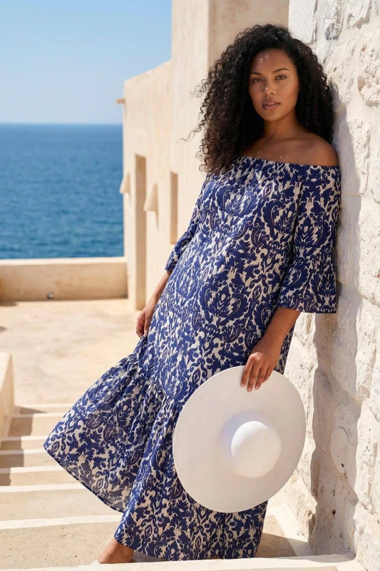 Image of Roman Womens Curve Printed Bardot Maxi Dress in Navy Size: 16 Navy Female 16