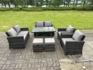 Image of Fimous 6 Seater Outdoor Dark Grey Rattan Lounge Complete Sofa Set with Regular Dining Table and 2 Stools