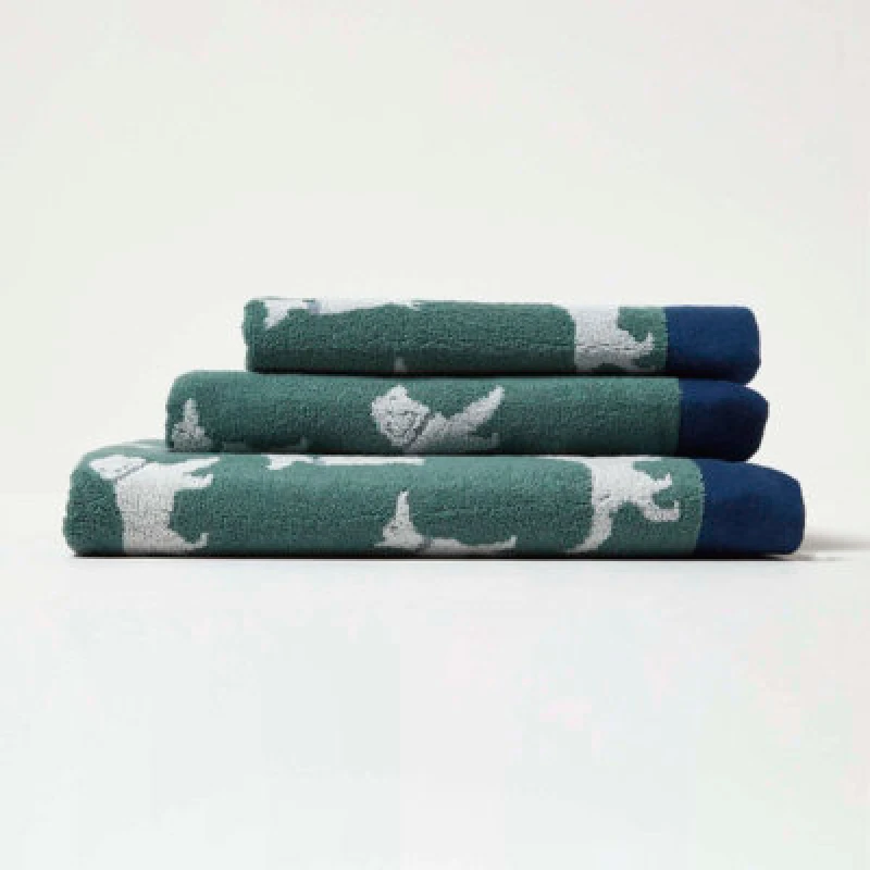 Image of Homescapes Green Dog Pattern 100% Cotton Hand Towel