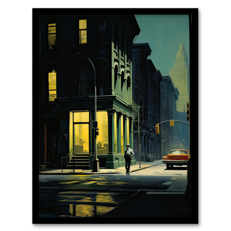 Image of Artery8 New York At Dawn Edward Hopper Style Home Decor Black Framed Wall Art Print A4, Green UA4MDJ004181