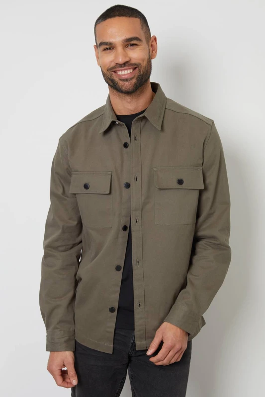 Image of Threadbare 'Church' Cotton Twill Button Up Shacket Olive