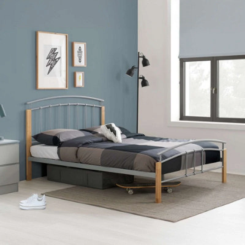 Image of Birlea Tetras Silver and Beech Metal Bed Frame - 4ft Small Double