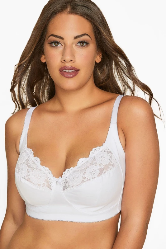 Image of Yours Womens Non-Wired Cotton Bra With Lace Trim in White Size: 44DD White Female 44DD