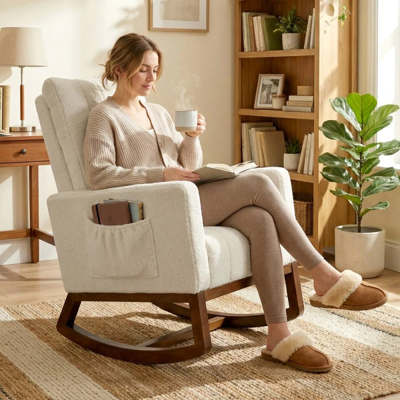 Image of HOMCOM Rocking Chair for Adults, Lounge Rocker w/ Lumbar Pillow, Cream White Size: Armchair Cream Unisex Armchair