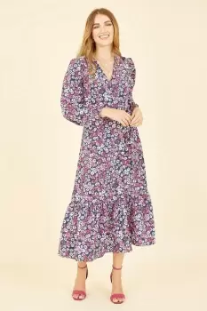 Image of Pink Daisy Print Wrap Midi Dress With Long Sleeves