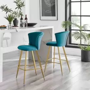 Image of Furniture Box 2x Juniper Blue Velvet Gold Leg Bar Stools