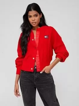 Image of Tommy Jeans Oversized Badge Cable Cardigan - Red, Red Size M Women