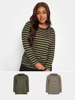 Image of Yours Yours Long Sleeve Stripe Tee 2 Pack Green & Oat Black, Green, Size 30-32, Women