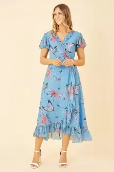 Image of Blue Satin Crane Print Wrap Dress