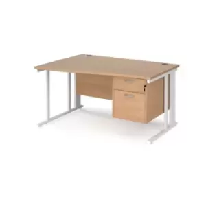 Image of Office Desk Left Hand Wave Desk 1400mm With Pedestal Beech Top With White Frame Maestro 25 MCM14WLP2WHB